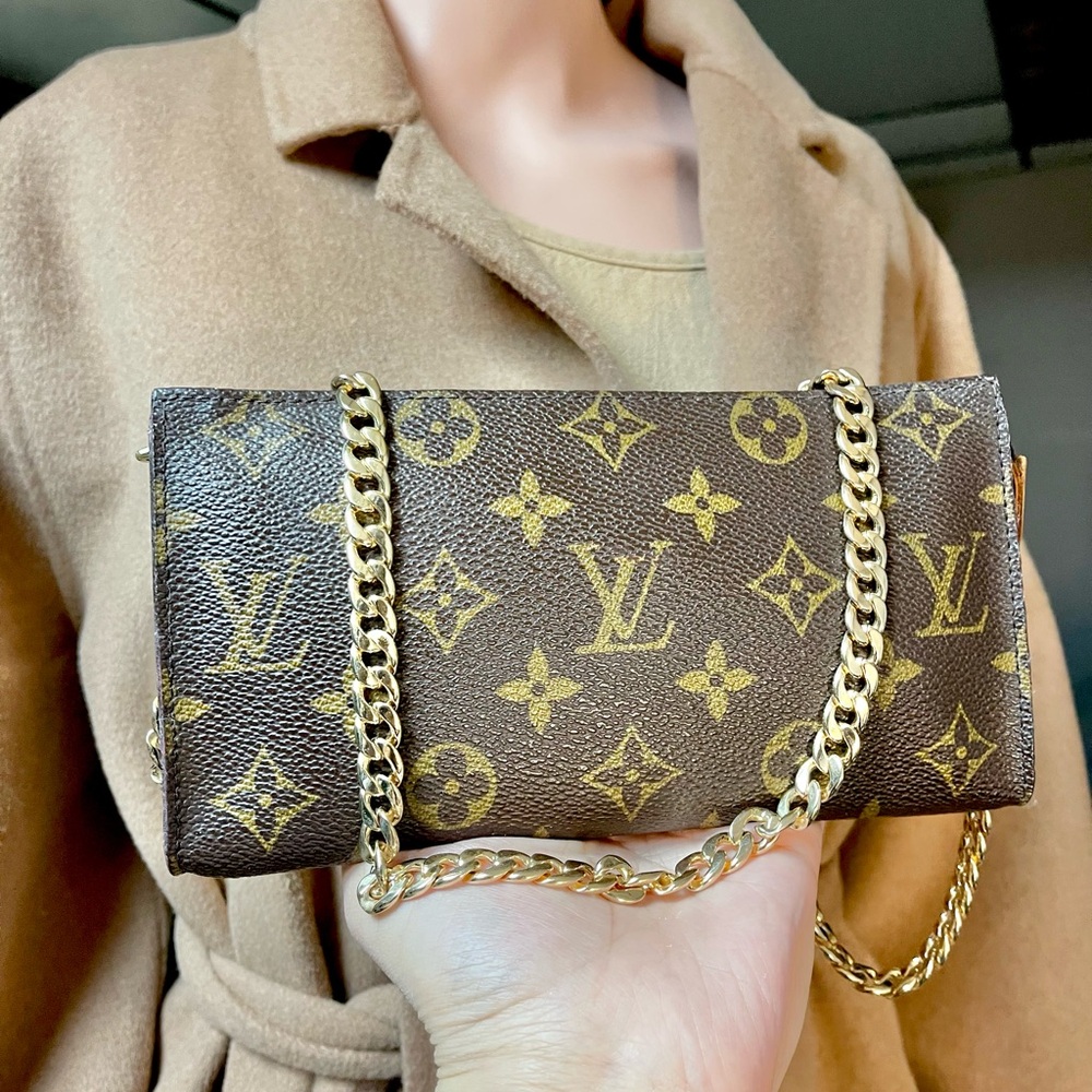 Louis Vuitton Brown Monogram Clutch with Gold Chain
